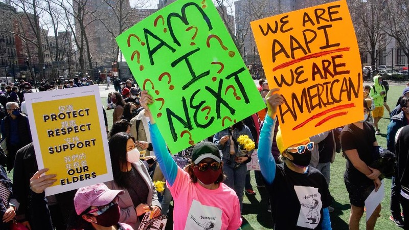 People take part in a rally against hate and confront the rising violence against Asian Americans at Columbus Park in the Chinatown section of Manhattan borough of New York, on Sunday, March 21, 2021.  (AP Photo/Eduardo Munoz Alvarez)