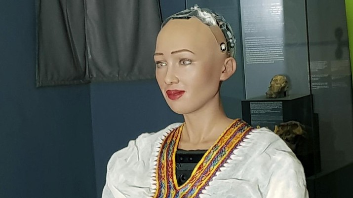 In this photo of Monday July 2, 2018, humanoid robot Sophia is photographed at the Ethiopian National Museum in Addis Ababa. The robot, made in Hong Kong by Hanson Robotics, is fitted with software in part developed by Ethiopians and has been programmed to speak the country's official language, Amharic, in addition to English. (AP Photo/Elias Meseret)