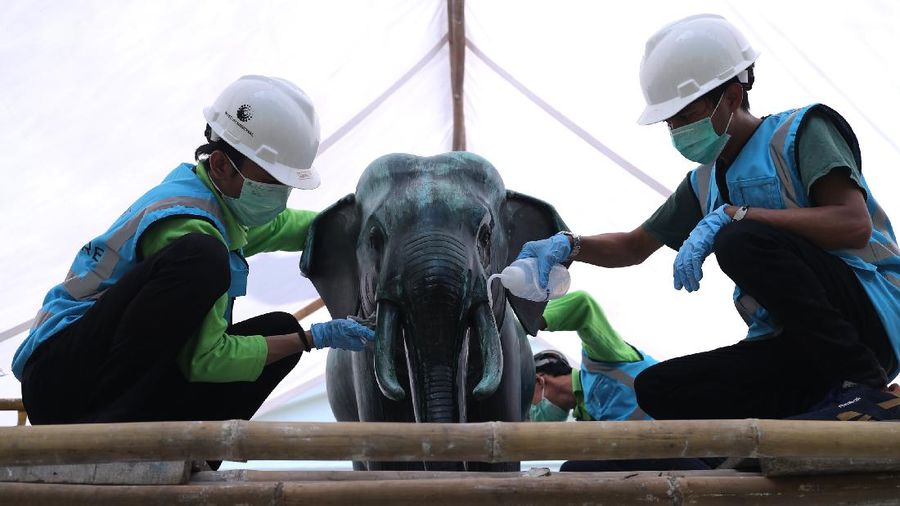 Pekerja melakukan konservasi koleksi patung gajah di Museum Nasional, Jakarta (31/3/2021). Kegiatan ini dilakukan untuk memastikan koleksi terawat dan terjaga nilai/value-nya, dan tentunya untuk menghindari perusakan koleksi dikemudian hari.  (CNBC Indonesia/Tri Susilo)