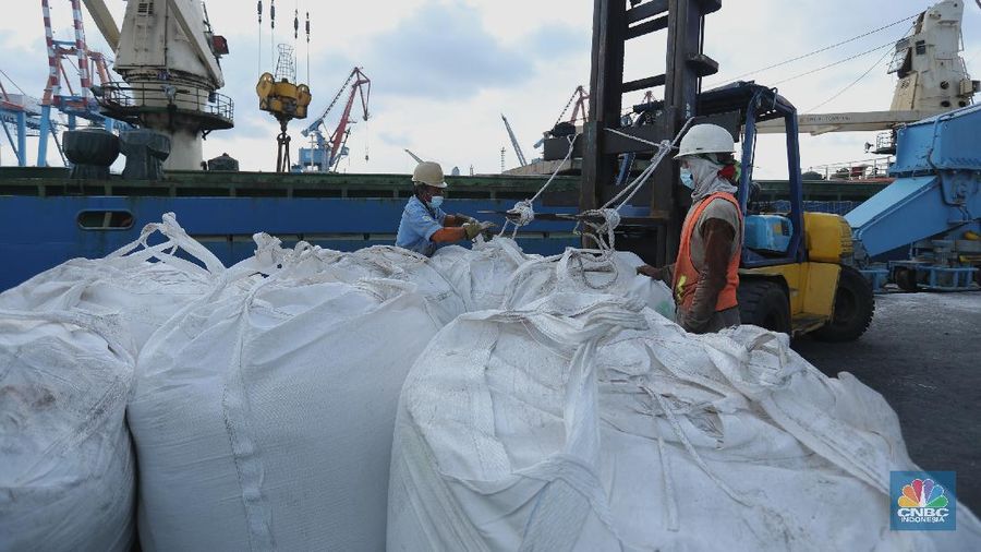 Buruh angkut pelabuhan mengangkut karung pupuk subsidi dari kapal saat bongkar muat di Pelabuhan Tanjung Priok, Jakarta, Senin (5/4/2021). Kementrian Pertanian mengungkapkan bahwa realisasi penyaluran pupuk subsidi telah mencapai 1,9 juta ton atau setara 21% dari alokasi tahun 2021 sebesar 9,04 juta ton dan 1,5 juta liter pupuk organik cair.
 (CNBC.Indonesia/ Tri Susilo)