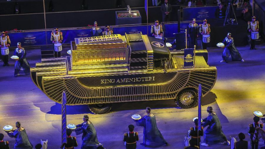 A convoy of vehicles transporting royal mummies is seen in Cairo, Egypt, Saturday, April 3, 2021. Egypt held a parade celebrating the transport of 22 of its prized royal mummies from Egyptian Museum to he newly opened National Museum of Egyptian Civilization. (AP Photo)