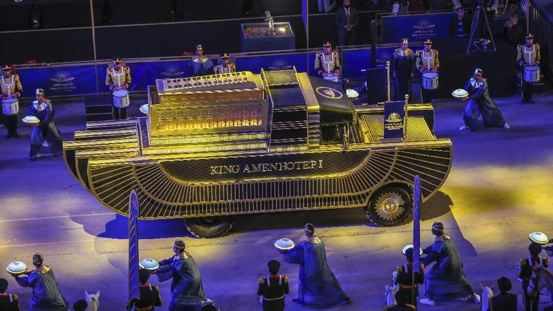A convoy of vehicles transporting royal mummies is seen in Cairo, Egypt, Saturday, April 3, 2021. Egypt held a parade celebrating the transport of 22 of its prized royal mummies from Egyptian Museum to he newly opened National Museum of Egyptian Civilization. (AP Photo)