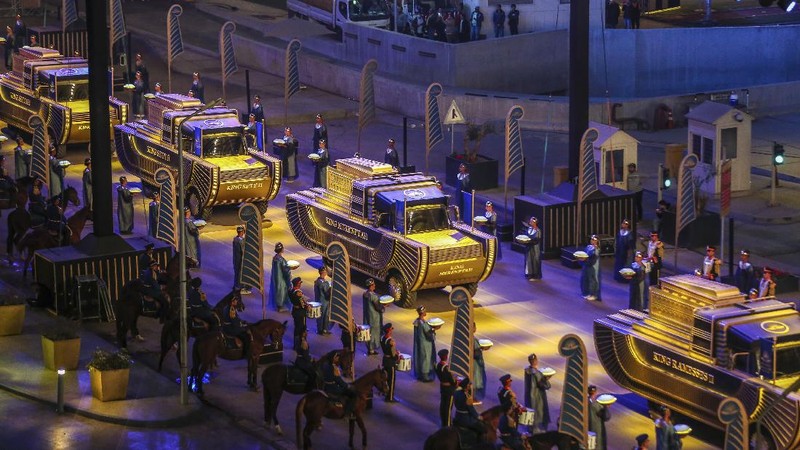 A convoy of vehicles transporting royal mummies is seen in Cairo, Egypt, Saturday, April 3, 2021. Egypt held a parade celebrating the transport of 22 of its prized royal mummies from Egyptian Museum to he newly opened National Museum of Egyptian Civilization. (AP Photo)