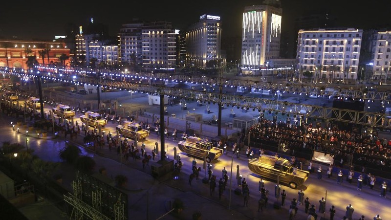A convoy of vehicles transporting royal mummies is seen in Cairo, Egypt, Saturday, April 3, 2021. Egypt held a parade celebrating the transport of 22 of its prized royal mummies from Egyptian Museum to he newly opened National Museum of Egyptian Civilization. (AP Photo)
