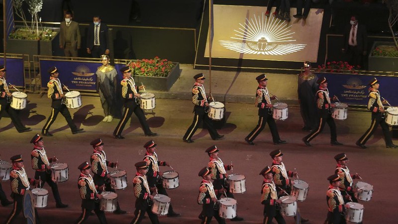 A convoy of vehicles transporting royal mummies is seen in Cairo, Egypt, Saturday, April 3, 2021. Egypt held a parade celebrating the transport of 22 of its prized royal mummies from Egyptian Museum to he newly opened National Museum of Egyptian Civilization. (AP Photo)
