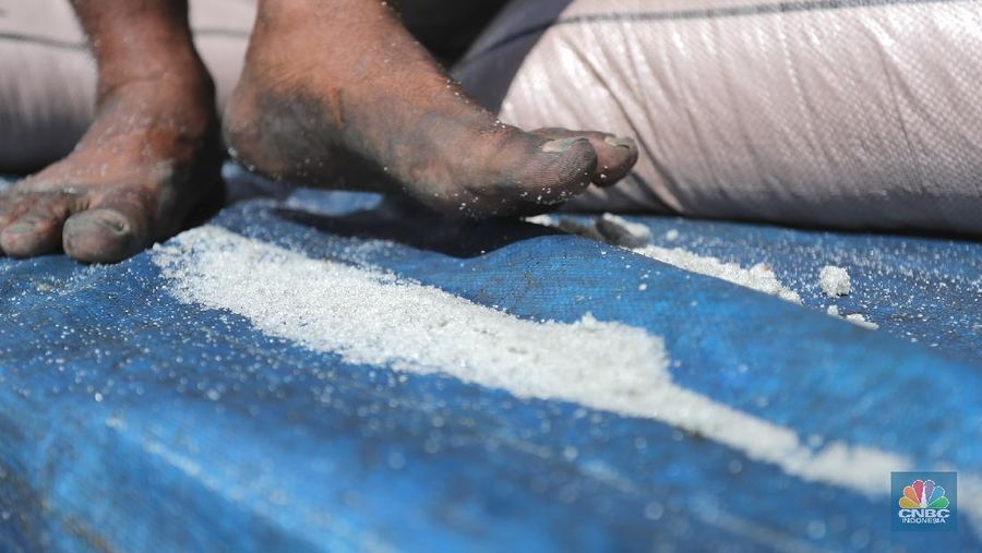 Pekerja munurunkan gula pasir dari kapal India sebanyak 23 ribu ton di Pelabuhan Tanjung Priok, Jakarta, Selasa (6/4/2021). Gula tersebut ditargetkan mulai mengisi pasar konsumsi menjelang bulan puasa dan lebaran agar dapat memenuhi lonjakan permintaan. CNBC Indonesia/ Tri Susilo)