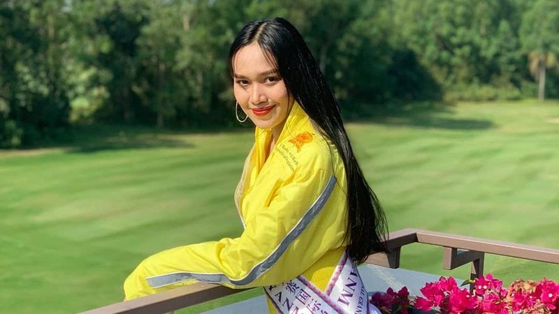 In this photo provided by Miss Grand International, Miss Myanmar, Han Lay, speaks on stage during Miss Grand International contest Saturday, March 27, 2021, in Bangkok, Thailand. The beauty pageant contestant from Myanmar used her brief moment in the spotlight on Saturday night to appeal for international help for her country, on the worst day for bloodshed since the military there staged its coup almost two months ago.(Miss Grand International via AP)
