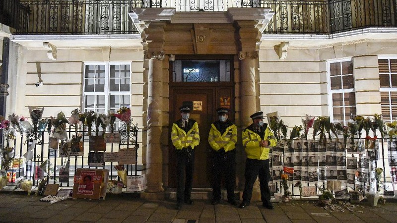 Kyaw Zwar Minn, the Myanmar ambassador, walks outside the Myanmar Embassy in London, Wednesday, April 7, 2021. Newspaper reports say the embassy was taken over by members of the country's new military regime Wednesday evening. (AP Photo/Alberto Pezzali)