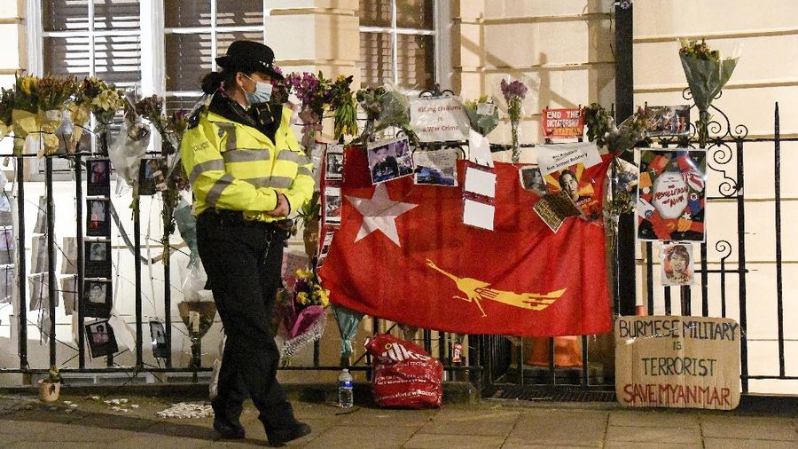 Kyaw Zwar Minn, the Myanmar ambassador, walks outside the Myanmar Embassy in London, Wednesday, April 7, 2021. Newspaper reports say the embassy was taken over by members of the country's new military regime Wednesday evening. (AP Photo/Alberto Pezzali)
