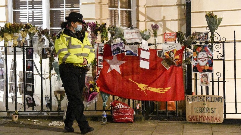 Kyaw Zwar Minn, the Myanmar ambassador, walks outside the Myanmar Embassy in London, Wednesday, April 7, 2021. Newspaper reports say the embassy was taken over by members of the country's new military regime Wednesday evening. (AP Photo/Alberto Pezzali)