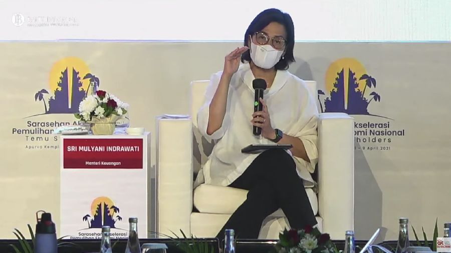 Menteri Keuangan Sri Mulyani dalam acara Sarasehan Akselerasi Pemulihan Ekonomi Nasional (tangkapan Layar Youtube Jasa Keuangan)