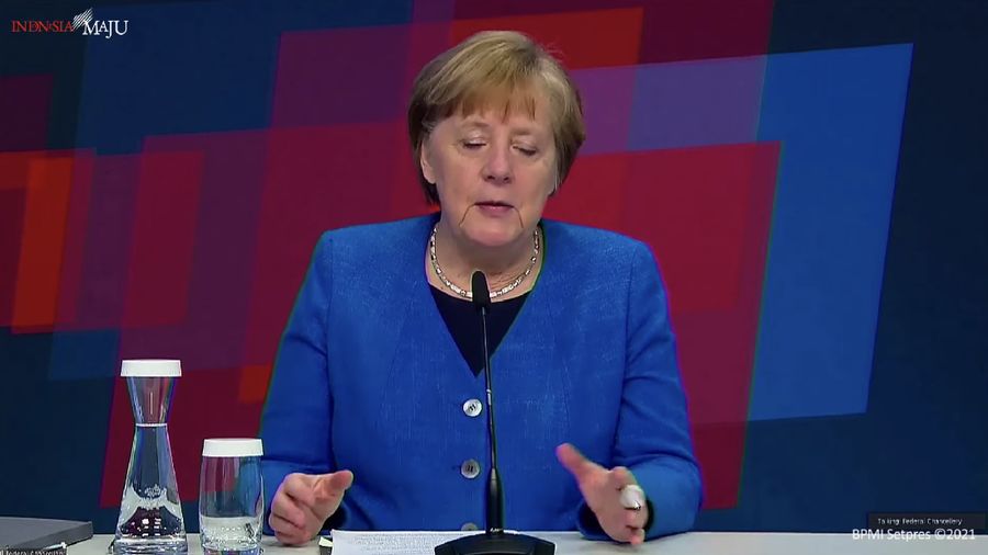 Kanselir Jerman dalam acara pembukaan Hannover Messe 2021, Istana Negara, 12 April 2021. (Tangkapan layar Setpres RI)