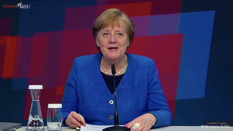 Kanselir Jerman dalam acara pembukaan Hannover Messe 2021, Istana Negara, 12 April 2021. (Tangkapan layar Setpres RI)