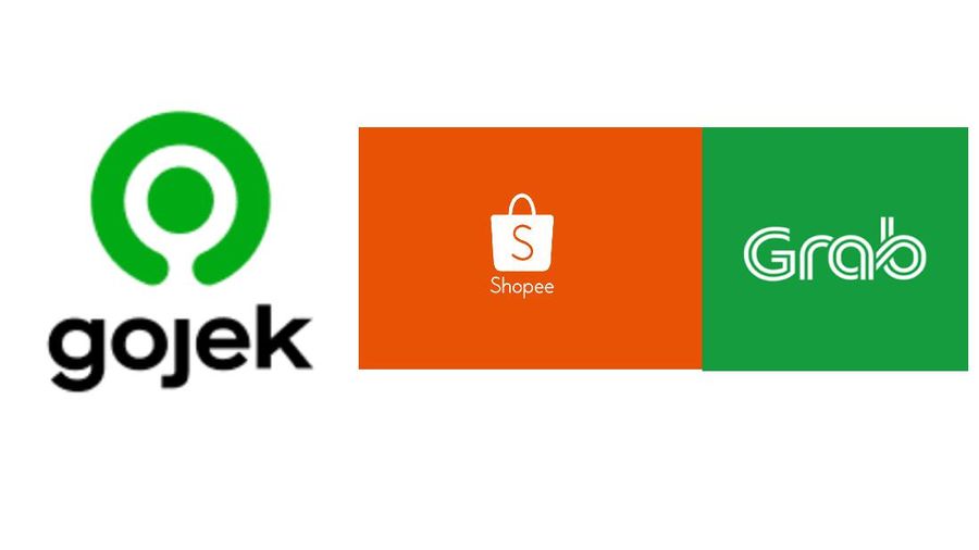 Ilustrasi Gojek, Shoppe, Grab.