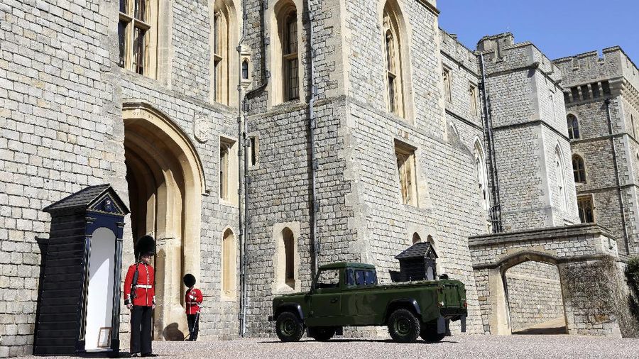 The Land Rover hearse is seen outside Windsor Castle, Windsor, England, Saturday April 17, 2021, before the funeral of Britain's Prince Philip. Prince Philip died April 9 at the age of 99 after 73 years of marriage to Britain's Queen Elizabeth II. (Tim Merry/Pool Photo via AP)