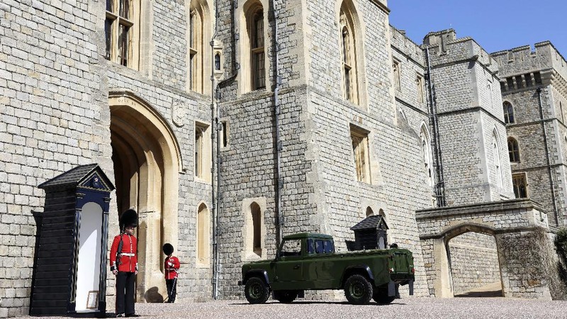 The Land Rover hearse is seen outside Windsor Castle, Windsor, England, Saturday April 17, 2021, before the funeral of Britain's Prince Philip. Prince Philip died April 9 at the age of 99 after 73 years of marriage to Britain's Queen Elizabeth II. (Tim Merry/Pool Photo via AP)