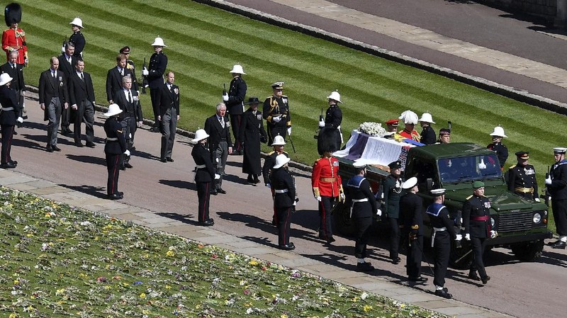 The Land Rover hearse is seen outside Windsor Castle, Windsor, England, Saturday April 17, 2021, before the funeral of Britain's Prince Philip. Prince Philip died April 9 at the age of 99 after 73 years of marriage to Britain's Queen Elizabeth II. (Tim Merry/Pool Photo via AP)
