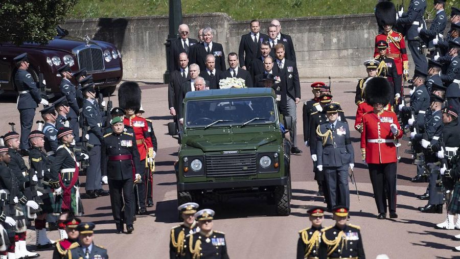 The Land Rover hearse is seen outside Windsor Castle, Windsor, England, Saturday April 17, 2021, before the funeral of Britain's Prince Philip. Prince Philip died April 9 at the age of 99 after 73 years of marriage to Britain's Queen Elizabeth II. (Tim Merry/Pool Photo via AP)