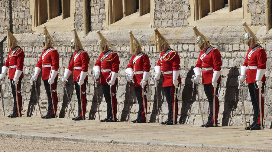 The coffin arrives at St George's Chapel for the funeral of Britain's Prince Philip inside Windsor Castle in Windsor, England, Saturday, April 17, 2021. Prince Philip died April 9 at the age of 99 after 73 years of marriage to Britain's Queen Elizabeth II. (Justin Tallis/Pool via AP)