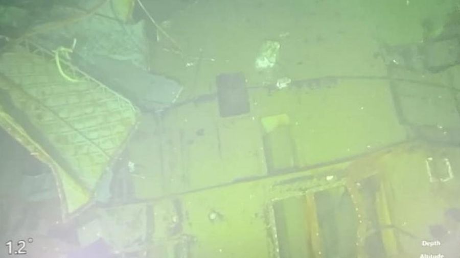 This undated underwater photo released Sunday April 25, 2021, by Indonesian Navy shows parts of submarine KRI Nanggala that sank in Bali Sea, Indonesia. Indonesia's military on Sunday officially admitted there was no hope of finding survivors from a submarine that sank and broke apart last week with 53 crew members aboard, and that search teams had located the vessel's wreckage on the ocean floor. (Indonesian Navy via AP)