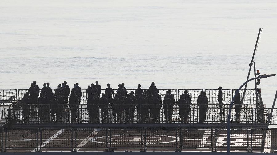 An Indonesian navy patrol ship returns after a search operation for submarine KRI Nanggala that went missing while participating in a training exercise on Wednesday, off Banyuwangi, East Java, Indonesia Sunday, April 25, 2021. Indonesia’s navy on Saturday declared its missing submarine had sunk and cracked open after finding items from the vessel over the past two days, apparently ending hope of finding any of the 53 crew members alive. (AP Photo/Achmad Ibrahim)
