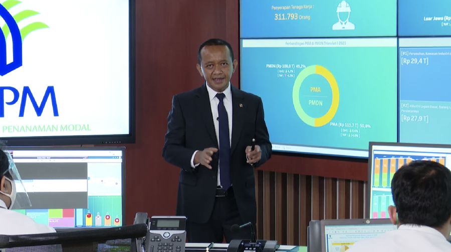 Kepala Badan Koordinasi Penanaman Modal (BKPM) Bahlil Lahadalia merilis capaian realisasi investasi kuartal I tahun 2021. (Tangkapan Layar Youtube BKPM)