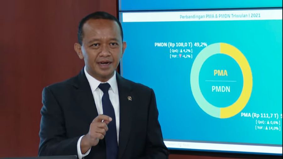 Kepala Badan Koordinasi Penanaman Modal (BKPM) Bahlil Lahadalia merilis capaian realisasi investasi kuartal I tahun 2021. (Tangkapan Layar Youtube BKPM)