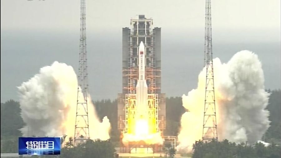 In this image taken from video footage run by China's CCTV via AP Video, a Long March 5B rocket carrying a module for a Chinese space station lifts off from the Wenchang Spacecraft Launch Site in Wenchang in southern China's Hainan Province, Thursday, April 29, 2021. China has launched the core module on Thursday for its first permanent space station that will host astronauts long-term. (CCTV via AP Video)