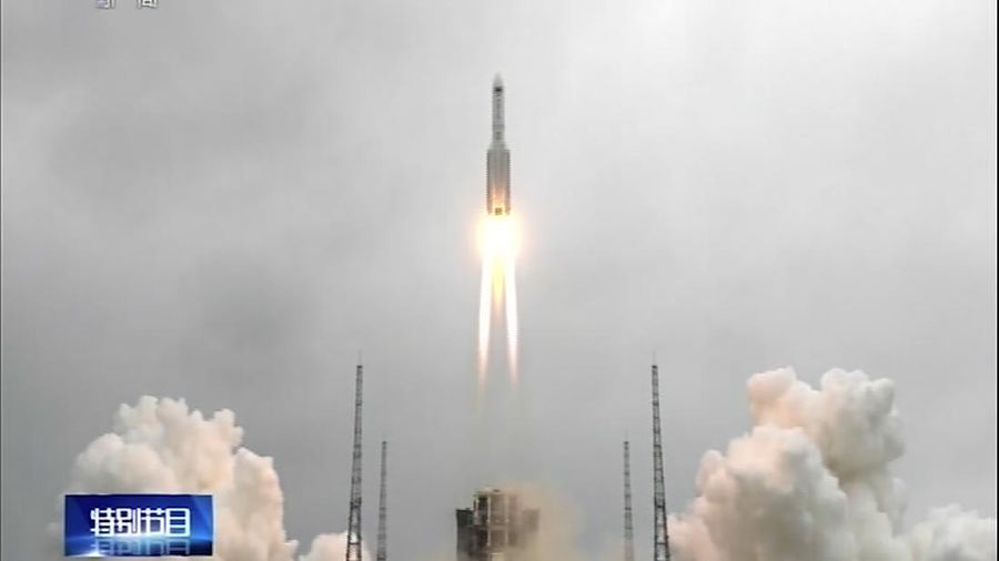 In this image taken from video footage run by China's CCTV via AP Video, a Long March 5B rocket carrying a module for a Chinese space station lifts off from the Wenchang Spacecraft Launch Site in Wenchang in southern China's Hainan Province, Thursday, April 29, 2021. China has launched the core module on Thursday for its first permanent space station that will host astronauts long-term. (CCTV via AP Video)