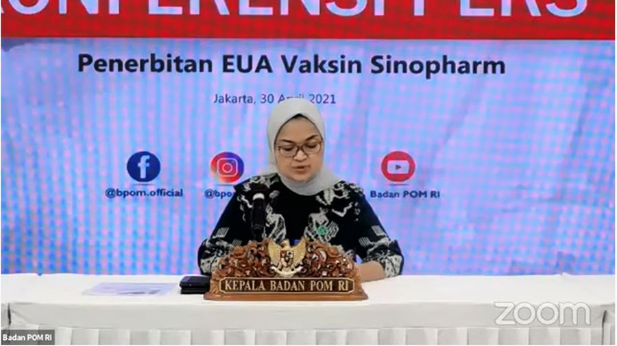 Konferensi Pers terkait Penerbitan EUA Vaksin Sinopharm Kepala BPOM Penny Lukito/ Youtube : BPOM