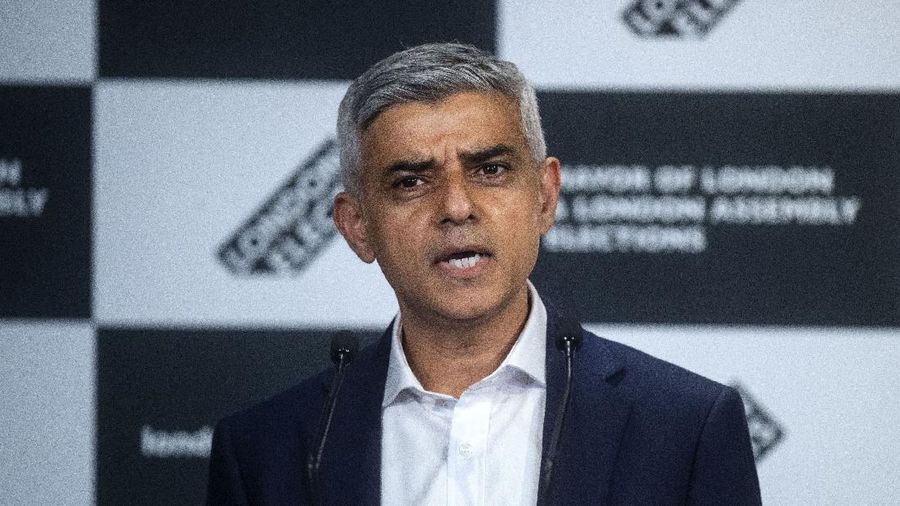 Labour's Sadiq Khan speaks after he was reelected and declared as the next Mayor of London at City Hall, in London, Saturday, May 8, 2021. (Victoria Jones/PA via AP)