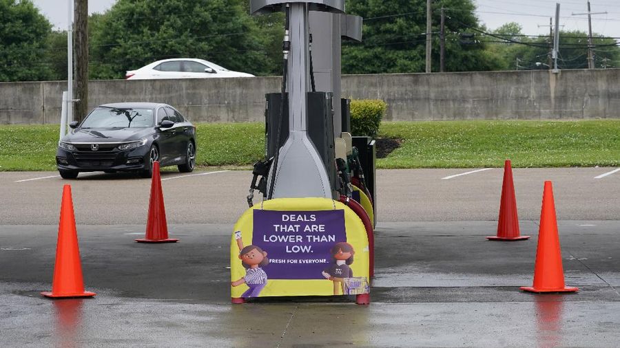 Safety cones block access to the fuel pumps at this closed Kroger fuel station, Wednesday, May 12, 2021, in Jackson, Miss. State officials warned Tuesday that any shortages seen at individual gas stations are a result of people "panic buying", not th