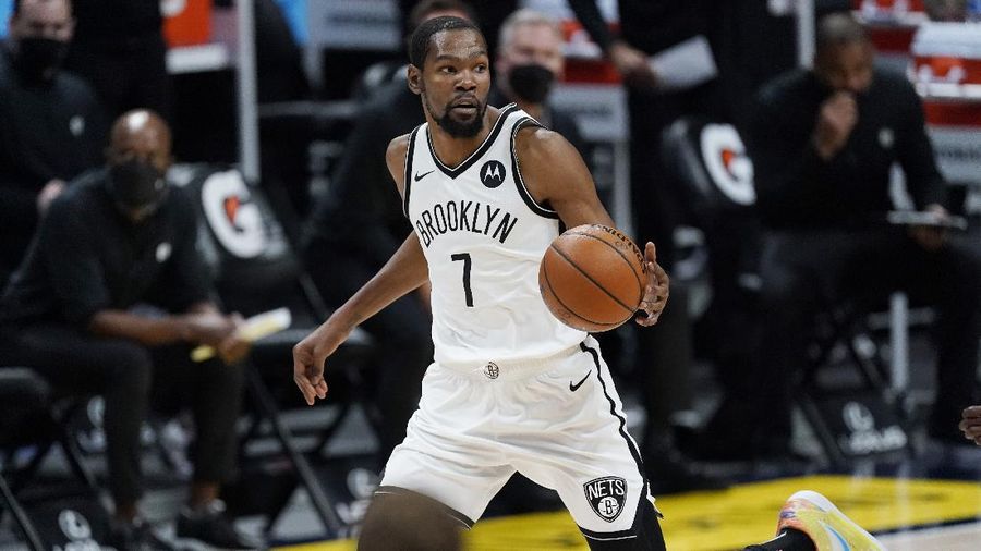 Brooklyn Nets forward Kevin Durant (7) in the second half of an NBA basketball game Saturday, May 8, 2021, in Denver. (AP Photo/David Zalubowski)