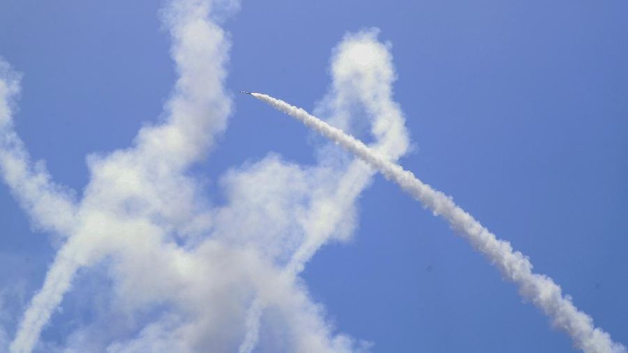 Israeli Iron Dome air defense system launches to intercept rockets fired from Gaza Strip, in Ashkelon, southern Israel, Tuesday, May 11, 2021. (AP Photo/Ariel Schalit)