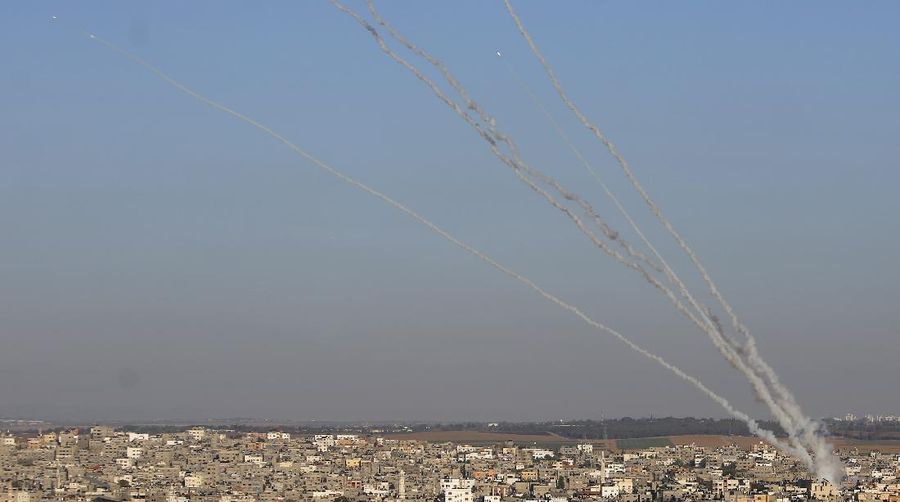 Rockets are launched from Gaza Strip to Israel , Friday, May 14, 2021. (AP Photo/Hatem Moussa)