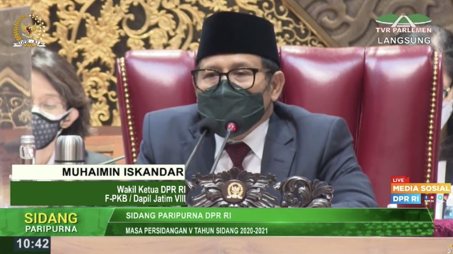 Wakil Ketua DPR RI Muhaimin Iskandar Rapat Paripurna DPR RI dengan agenda: Penyampaian Pemerintah terhadap Kerangka Ekonomi Makro dan Pokok-Pokok Kebijakan Fiskal (KEM dan PPKF) RAPBN TA 2022, Kamis, 20 Mei 2021. (Tangkapan Layar Youtube DPR RI)