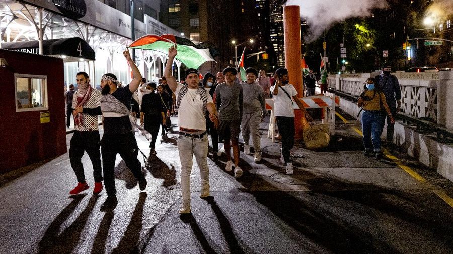 Supporters of the Palestinians march in New York Thursday, May 20, 2021. Israel and Hamas announced a cease-fire, ending a bruising 11-day war that caused widespread destruction in the Gaza Strip and brought life in much of Israel to a standstill. (AP Photo/Craig Ruttle)