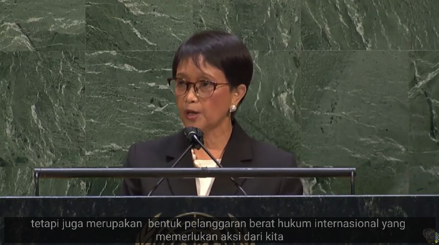 Pernyataan Menlu RI Retno Marsudi dalam Pertemuan Majelis Umum PBB mengenai Palestina. (tangkapan Layar Youtube MoFA Indonesia)