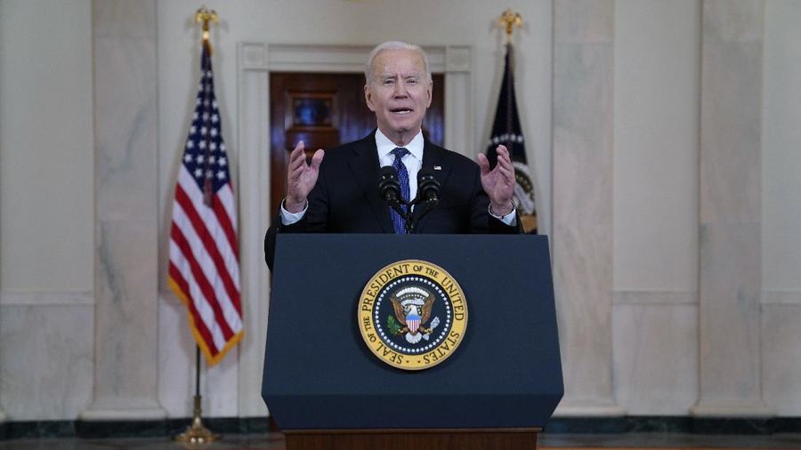 President Joe Biden speaks about a cease-fire between Israel and Hamas, in the Cross Hall of the White House, Thursday, May 20, 2021, in Washington. (AP Photo/Evan Vucci)