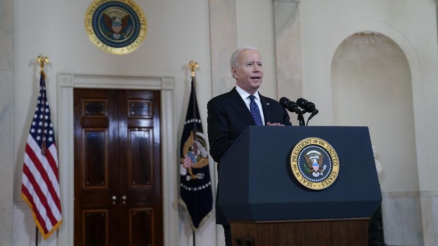 President Joe Biden speaks about a cease-fire between Israel and Hamas, in the Cross Hall of the White House, Thursday, May 20, 2021, in Washington. (AP Photo/Evan Vucci)