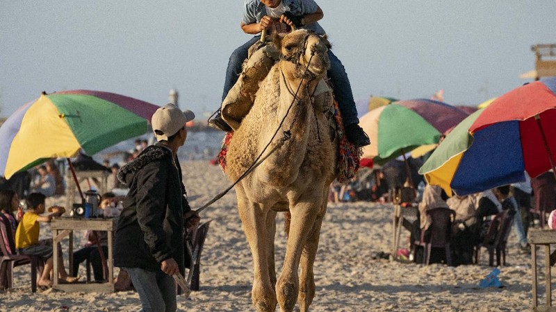 Setelah gencatan senjata, warga Palestina berlibur ke pantai  Mediterania. (AP/John Minchillo)