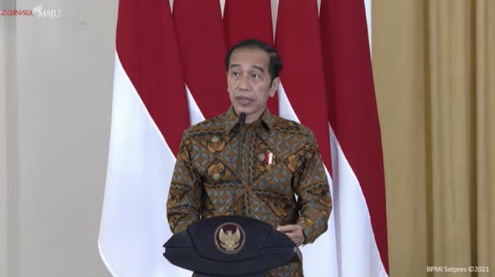 Jokowi dalam acara peresmian pembukaan rapat koordinasi nasional pengawasan Intern Pemerintah Tahun 2021. (Tangkapan layar Youtube Setpres RI)