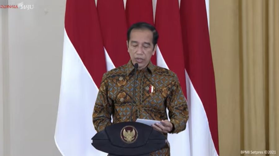 Jokowi dalam acara peresmian pembukaan rapat koordinasi nasional pengawasan Intern Pemerintah Tahun 2021. (Tangkapan layar Youtube Setpres RI)