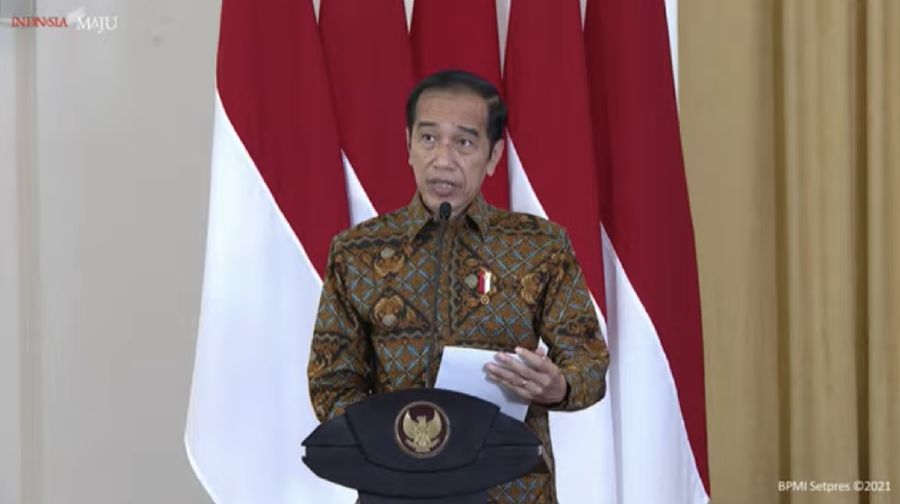 Jokowi dalam acara peresmian pembukaan rapat koordinasi nasional pengawasan Intern Pemerintah Tahun 2021. (Tangkapan layar Youtube Setpres RI)