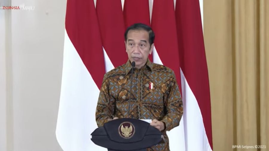 Jokowi dalam acara peresmian pembukaan rapat koordinasi nasional pengawasan Intern Pemerintah Tahun 2021. (Tangkapan layar Youtube Setpres RI)