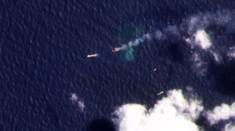 This photo provided by Sri Lankan Air Force shows the sinking MV X-Press Pearl at Kapungoda where it is anchored off Colombo port, Sri Lanka, Wednesday, June 2, 2021. Salvage experts were attempting to tow the fire-stricken container ship that had been loaded with chemicals into the deep sea as the vessel started to sink Wednesday. Water submerged the MV X-Press Pearl's quarterdeck a day after firefighters extinguished a blaze that had been burning for 12 days. (Sri Lanka Air Force via AP)