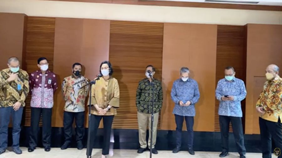 Sri Mulyani saat Konferensi Pers Menko Polhukam terkait Pelantikan Pokja dan Sekretariat Satgas BLBI