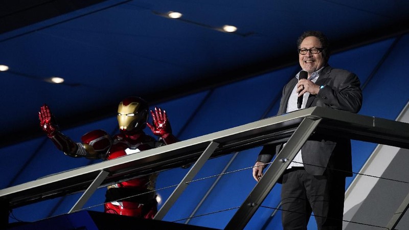 A fireworks display is presented as Paul Rudd, from left, Disney CEO Bob Chapek, Anthony Mackie, a Captain America character, Marvel President Kevin Feige and Josh D'Amaro, chairman, Disney parks, experiences and products appear on stage at the Avengers Campus dedication ceremony at Disney's California Adventure Park on Wednesday, June 2, 2021, in Anaheim, Calif. (AP Photo/Chris Pizzello)