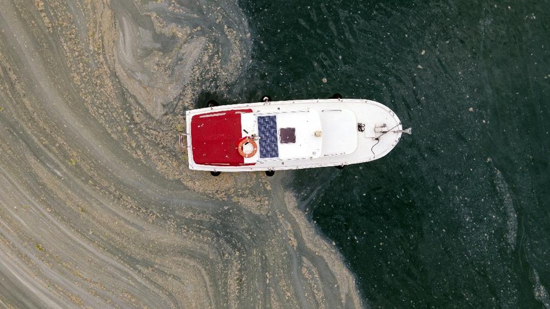 An aerial photo of the sea at the Caddebostan shore, in Asian side of Istanbul, Monday, June 7, 2021, with a huge mass of marine mucilage, a thick, slimy substance made up of compounds released by marine organisms, in Turkey's Marmara Sea. Turkey's President Recep Tayyip Erdogan promised Saturday to rescue the Marmara Sea from an outbreak of 