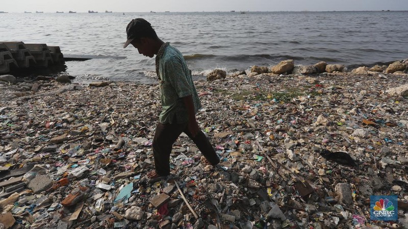 Pekerja Dinas Lingkungan Hidup membersihkan Pantai Cilincing di Jakarta, Selasa (8/6/2021). Pada 8 Juni diperingati sebagai Hari Laut Sedunia, peringatan ini dilakukan sebagai bentuk perhatian akan pentingnya ekosistem laut yang selama ini menjadi sumber daya yang dibutuhkan manusia. Menurut sejarahnya, Hari Laut dimulai sejak 1992. Mengutip dari lama resmi World Oceana Day, deklarasi ini dilakukan di Rio de Janeiro, Brazil yang digagas dalam Konferensi Perserikatan Bangsa-Bangsa tentang Lingkungan Hidup dan Pembangunan (UNCAD)  (CNBC Indonesia/ Tri Susilo)